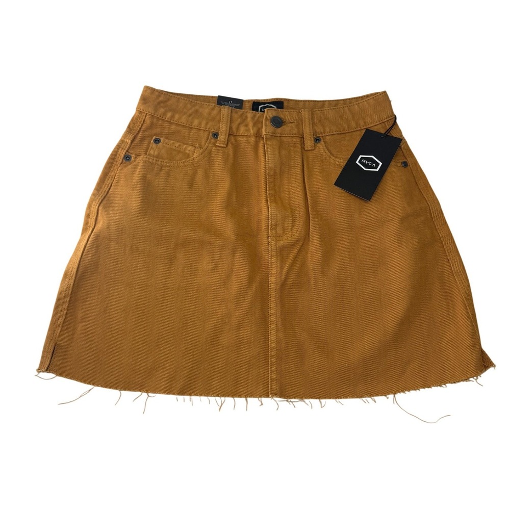 RVCA Rowdy High Rise Mini Skirt Mustard Ginger Denim Cotton Raw Hem 26 NEW